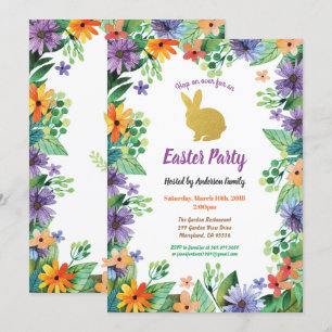 Invitación Conejito de Pascua fiesta acuarela dorado floral