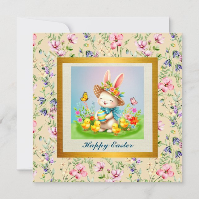 Invitación Conejito de Pascua lindo y flores felices de prima (Anverso)