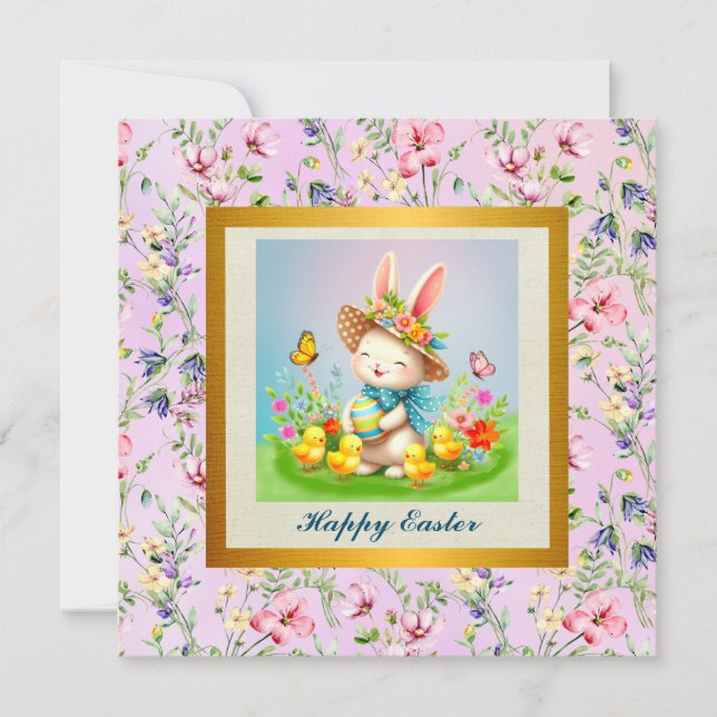 Invitación Conejito de Pascua lindo y flores felices de prima (Anverso)
