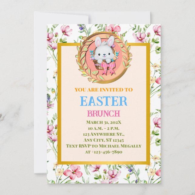 Invitación Conejito de Pascua sentado en la cesta (Anverso)
