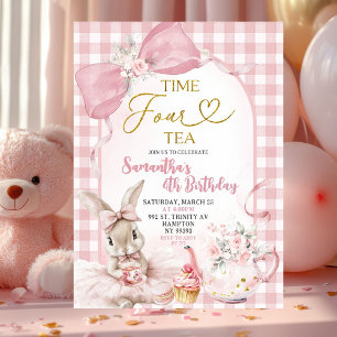 Invitación Conejito Floral Gingham Coquette Cumpleaños Cuatro