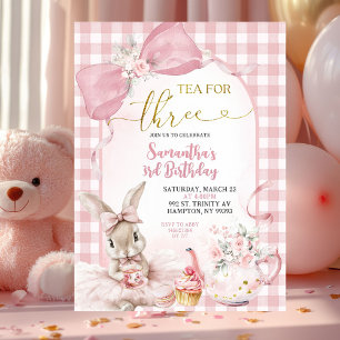 Invitación Conejito Floral Gingham Coquette Tercer Cumpleaños