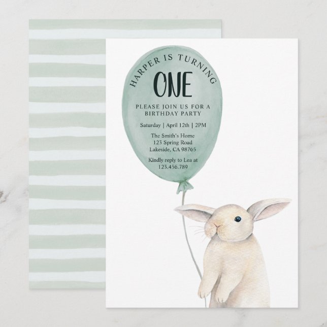 Invitación Conejito Lindo con Globo Cumpleaños  (Anverso / Reverso)