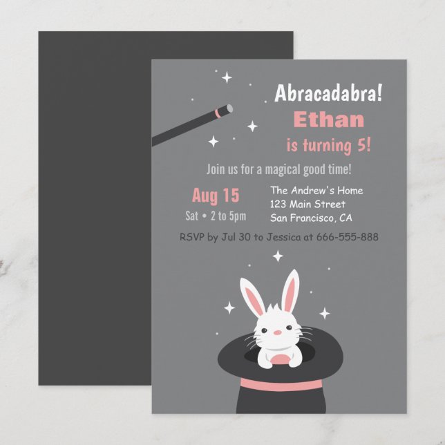 Invitación Conejito Lindo en Cumpleaños Temático de Magia par (Anverso / Reverso)