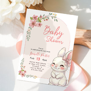 Invitación Conejito Lindo Flor Silvestre Lazo Rosa Fiesta de