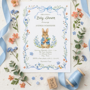 Invitación Conejito Lindo Floral con Lazo Azul Baby Shower