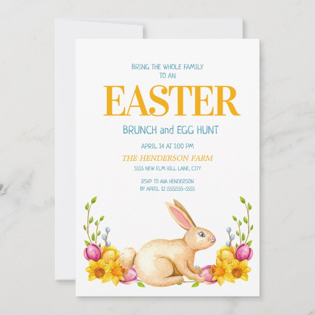 Invitación Conejito Lindo Flores Amarillas Brunch de Pascua C (Anverso)