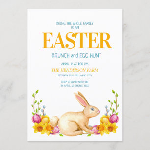 Invitación Conejito Lindo Flores Amarillas Brunch de Pascua C