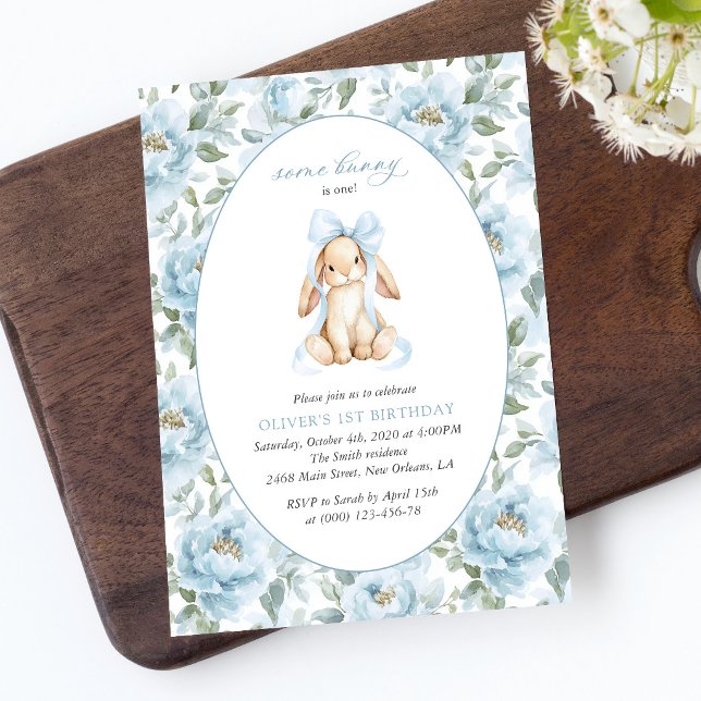 Invitación Conejito Lindo, Lazo Azul, Flores Azules, Primer C (Subido por el creador)