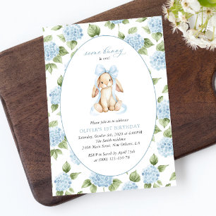 Invitación Conejito Lindo, Lazo Azul, Flores Azules, Primer C