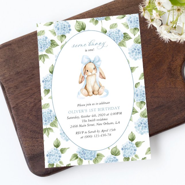Invitación Conejito Lindo, Lazo Azul, Flores Azules, Primer C (Subido por el creador)