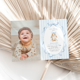 Invitación Conejito Lindo, Lazo Azul, Rayas Azules, Primer Cu