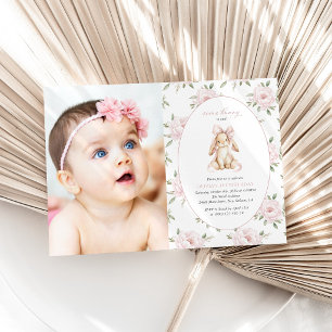 Invitación Conejito Lindo, Lazo Rosa, Flores Rosadas, Primer