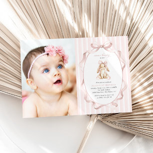 Invitación Conejito Lindo, Lazo Rosa, Rayas Rosas, Primer Cum
