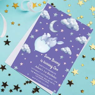 Invitación Conejito lindo primer cumpleaños bebé niño morado