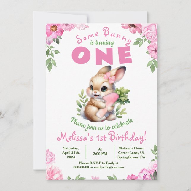 Invitación Conejito lindo Rosa Primer cumpleaños Chica Invita (Anverso)