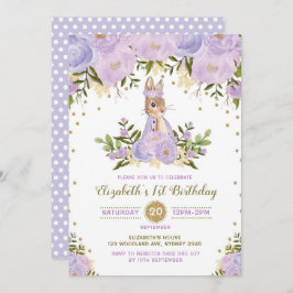 Invitación Conejito morado con flores de oro invito a Woodlan