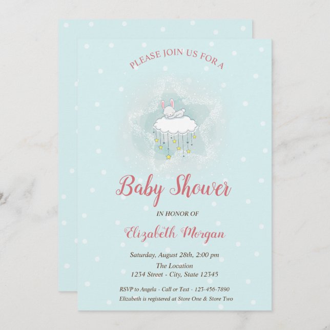 Invitación Conejito, Nube, Stars Blue Dots Baby Shower (Anverso / Reverso)
