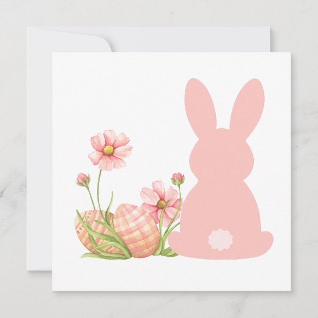 Invitación Conejito rosa de Pascua con flores de primavera  (Anverso)