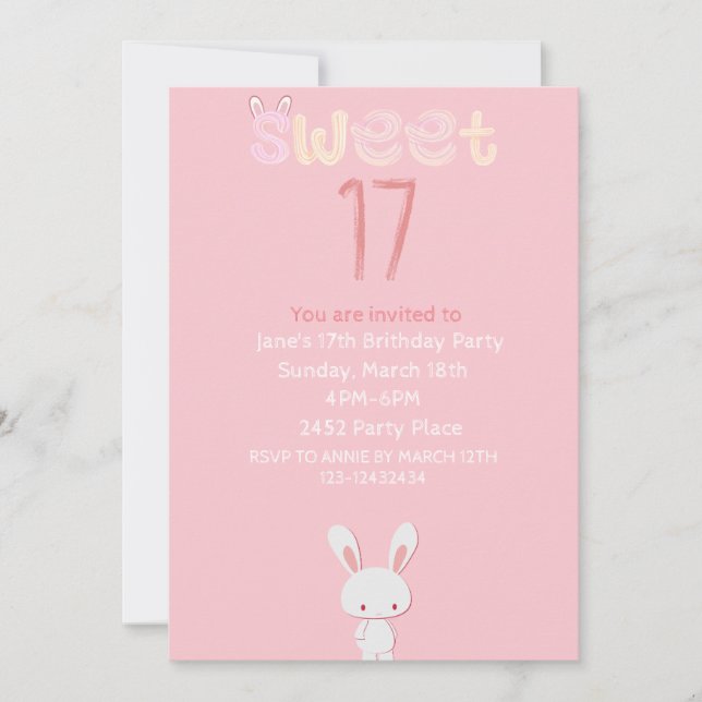 Invitación conejito rosa dulce diecisiete días festivos (Anverso)
