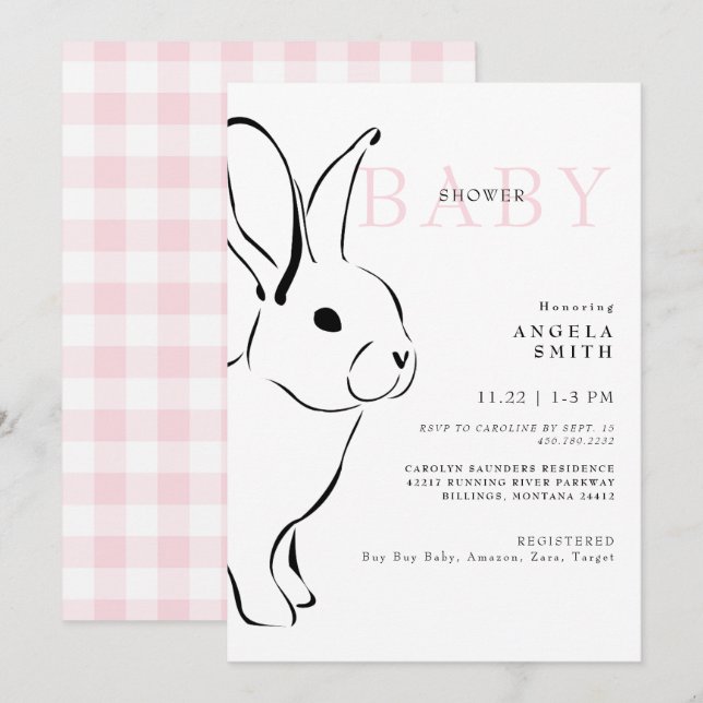 Invitación Conejito rosa Gingham Baby Shower II (Anverso / Reverso)