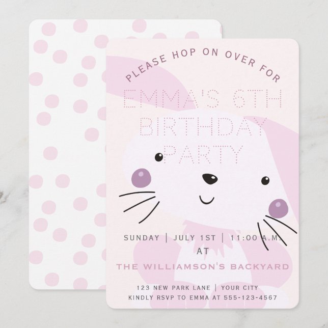 Invitación Conejito rosado de Rubor | Fiesta de Cumpleaños de (Anverso / Reverso)