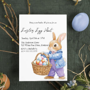 Invitación Conejito sostiene huevos en cesta de huevos de pas