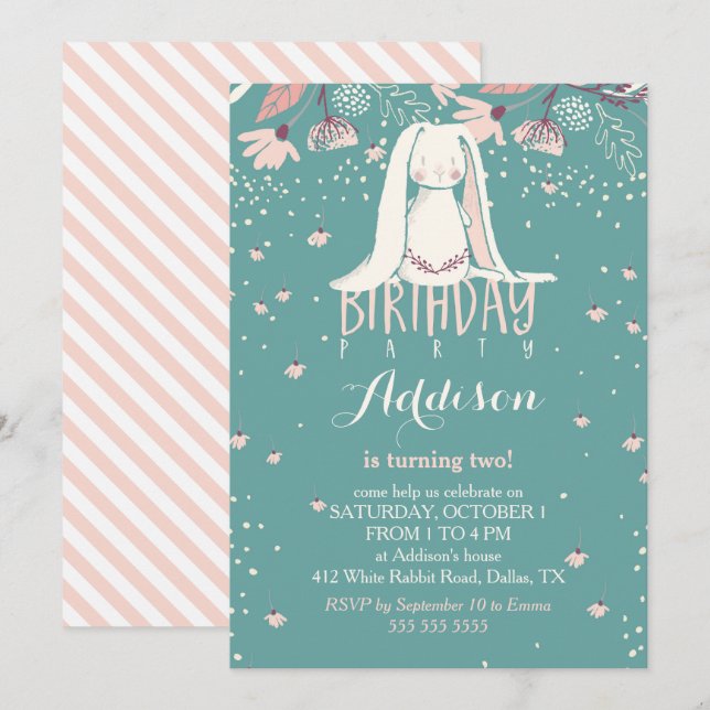 Invitación Conejito y flores blancos el | rosado y cumpleaños (Anverso / Reverso)