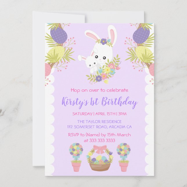 Invitación Conejitos de Pascua Huevos Flores Cumpleaños (Anverso)