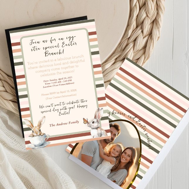 Invitación conejitos de Pascua rayados con foto Personalizado (Striped Easter bunnies with Custom Photo Invitation)