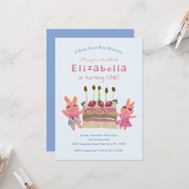 Invitación Conejitos Dulces Baylight Cumpleaños Número Uno (Anverso/Reverso In Situ)
