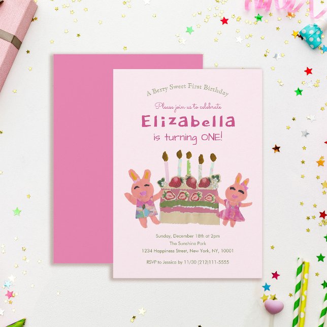 Invitación Conejitos Dulces de Fresa Cumpleaños Uno Rosa Bebe (Subido por el creador)