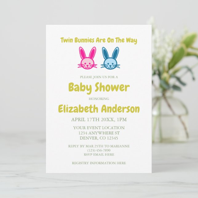 Invitación Conejitos gemelos en el camino de Baby Shower (Anverso de pie)