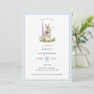 Invitación Conejo acuarela azul Gingham niño Cumpleaños 1 