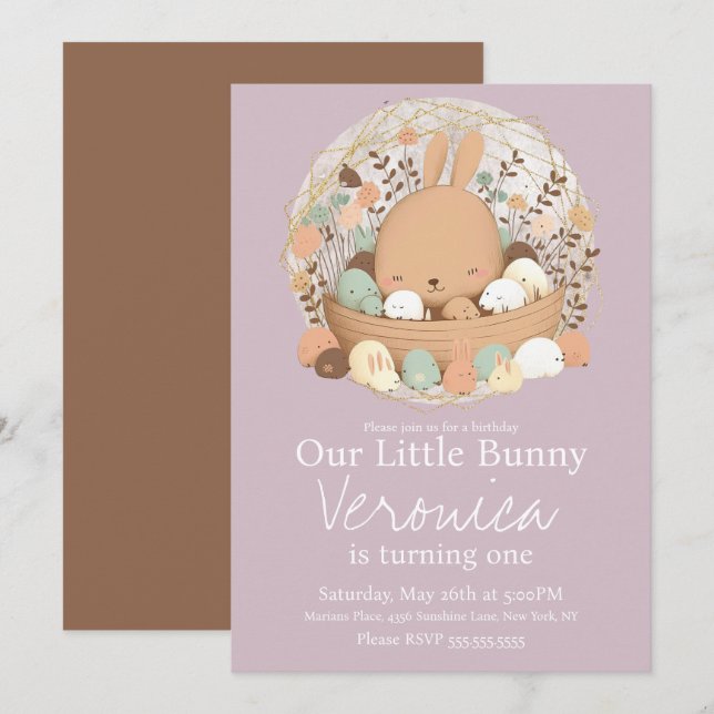 Invitación Conejo acuarela cumpleaños bohemio de Pascua en (Anverso / Reverso)