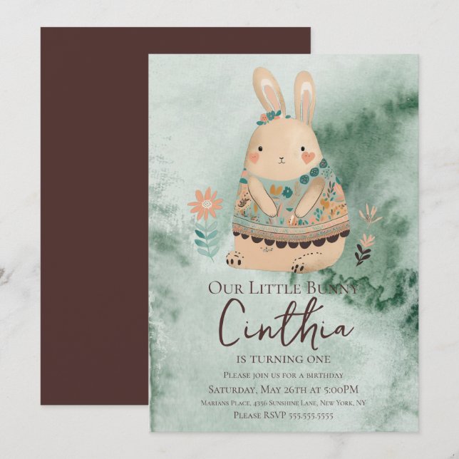 Invitación Conejo acuarela Cumpleaños boho pastel de Pascua I (Anverso / Reverso)