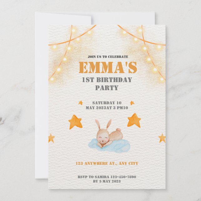 Invitación Conejo acuarela de conejo de primer cumpleaños (Anverso)