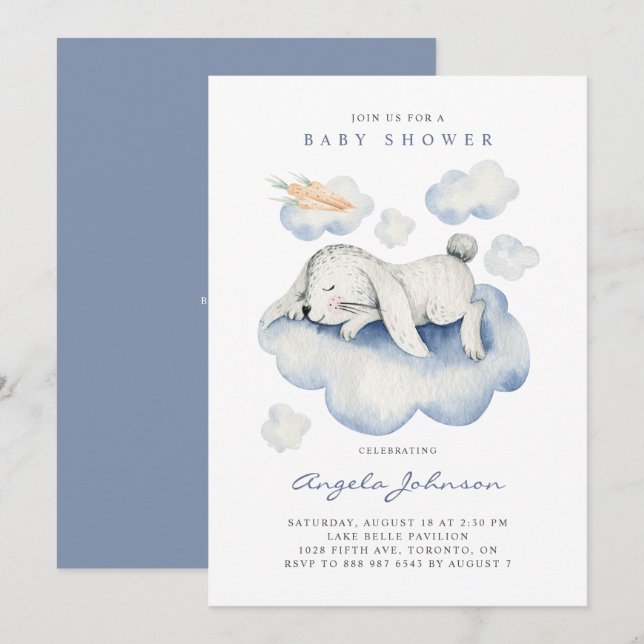 Invitación Conejo acuarela durmiente es un niño Baby Shower (Anverso / Reverso)