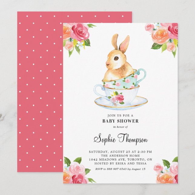 Invitación Conejo acuarela en Baby Shower floral de Teacups (Anverso / Reverso)
