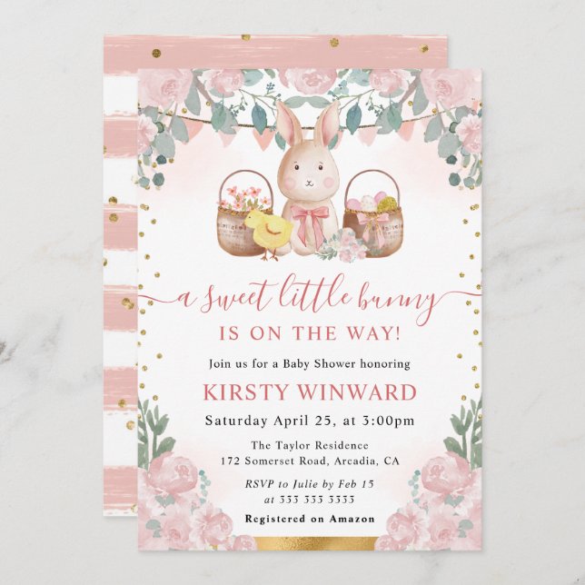 Invitación Conejo acuático y Baby Shower de flores rosadas (Anverso / Reverso)