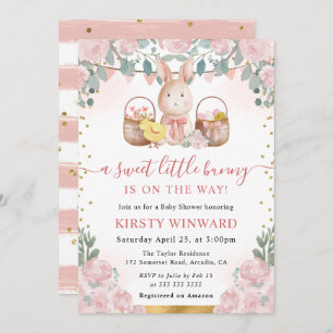 Invitación Conejo acuático y Baby Shower de flores rosadas