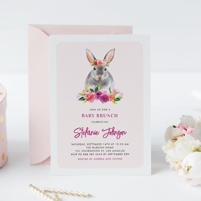Invitación Conejo acuático y morado de flores de bebé Brunch (Subido por el creador)