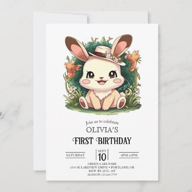Invitación Conejo Adorable Bunny 1er cumpleaños Digital (Anverso)