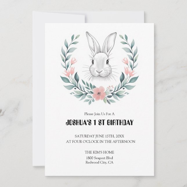 Invitación Conejo agraciado en una guirnalda floral (Anverso)
