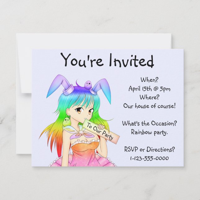 Invitación Conejo arcoiris Chica Anime (Anverso)