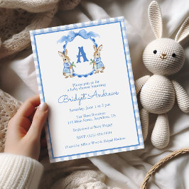 Invitación Conejo Azul Monograma Cresta Baby Shower