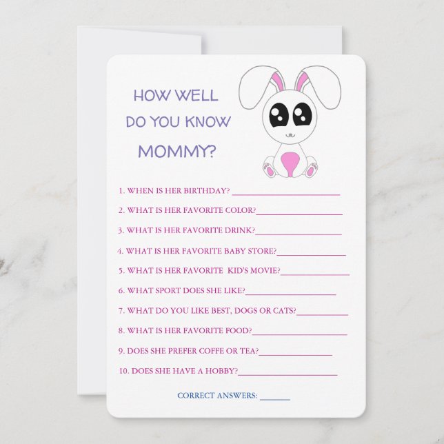 Invitación Conejo Baby Shower, Qué Bien Conoce A Mamá (Anverso)