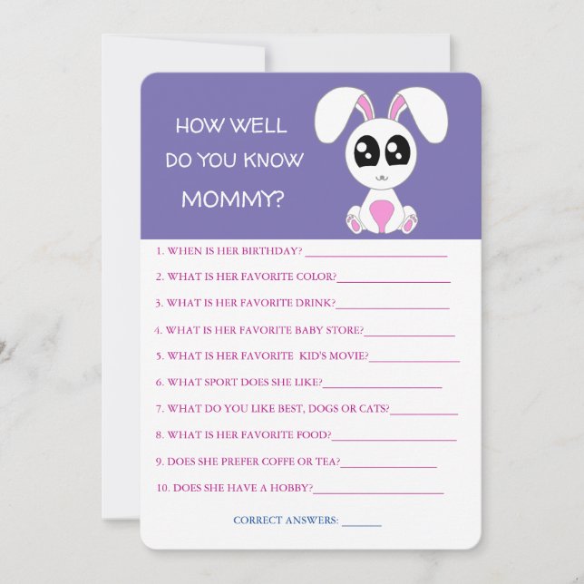 Invitación Conejo Baby Shower, Qué Bien Conoce A Mamá (Anverso)