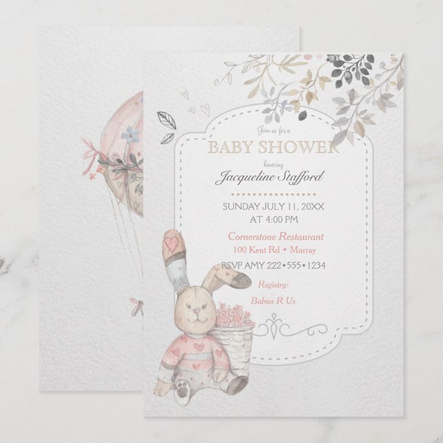 Invitación Conejo bebé en acuarela género neutral (Anverso / Reverso)