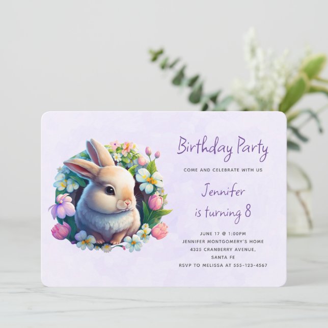Invitación Conejo Bebé en Cumpleaños de Flores de Primavera (Anverso de pie)